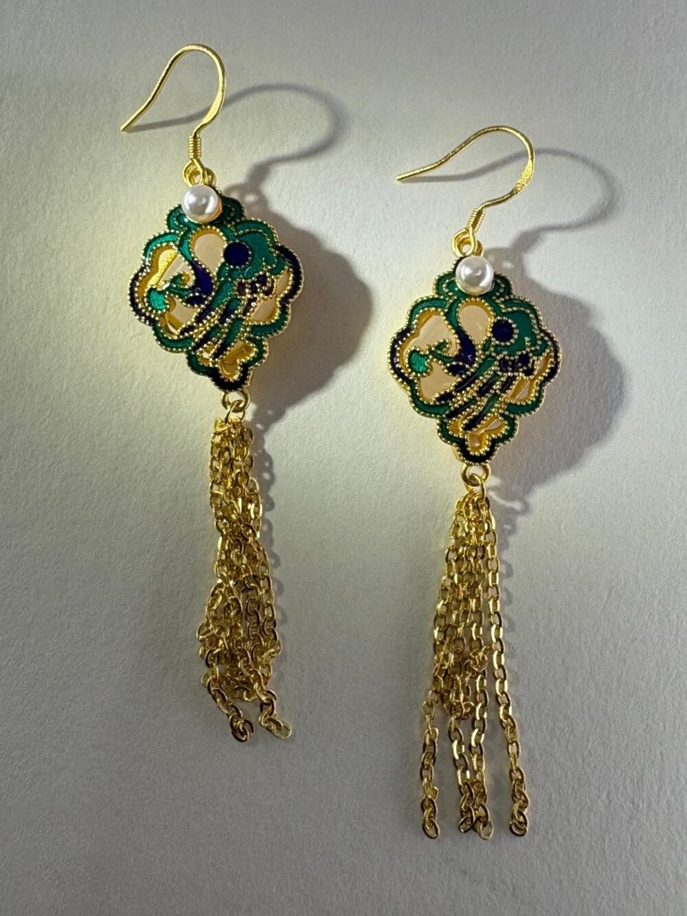 18K Gold Plated Enamel Cloisonne Lattice Window Chain Tassel Drop Earrings 9.84g